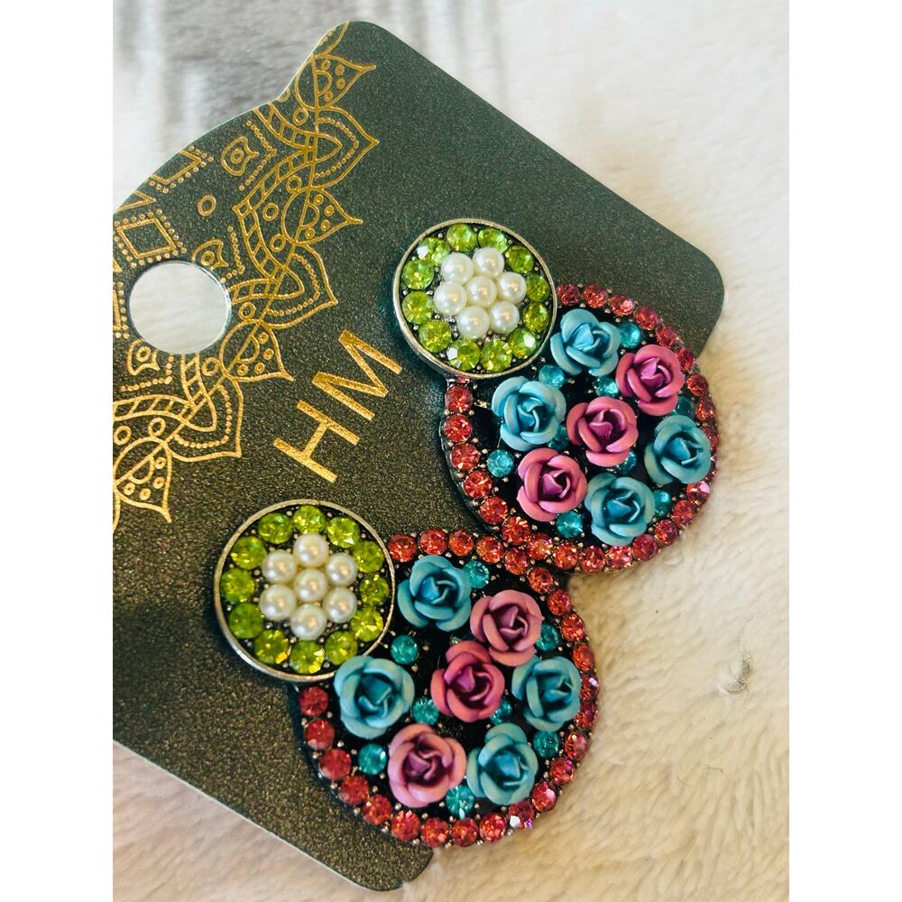 Colorful Floral Statement Earrings Rhinestone Rose Dangle Boho Retro Bold